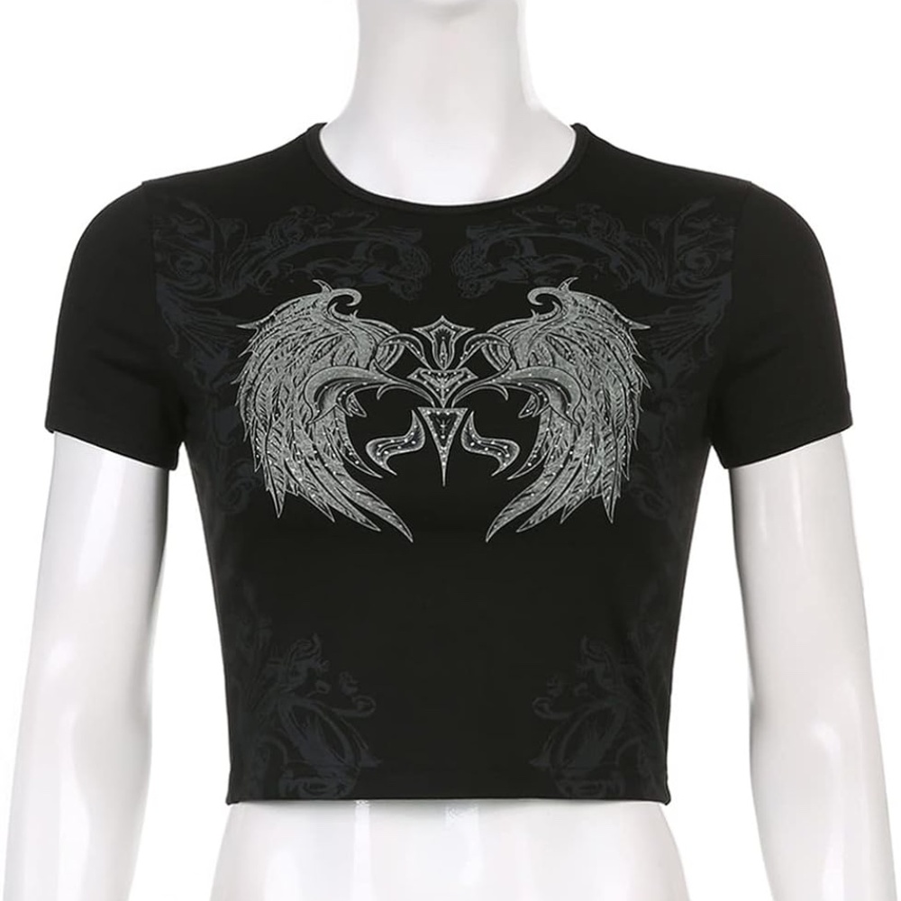 Gothic Grunge Y2K Angel Wing Crop Top Baby Tee